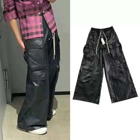 Rick Ownens American retro high-end multi-pocket shiny leather pants for men and women loose wide-leg pants-2461